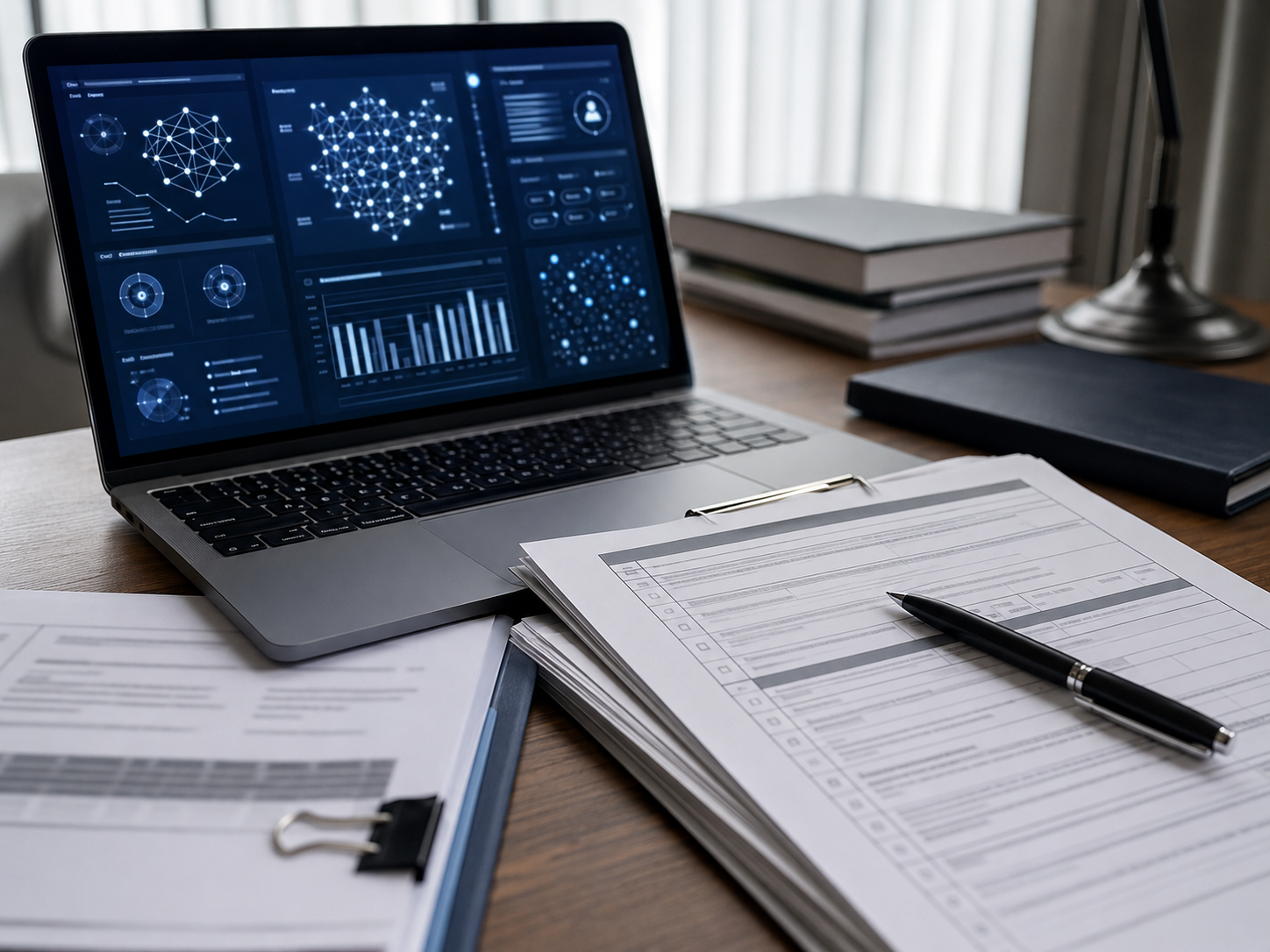 A laptop and review documents sit on a desk during an AI policy review.
