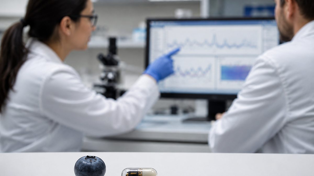A tiny ingestible sensor sits beside a blueberry on a lab table while researchers review anonymized temperature data.