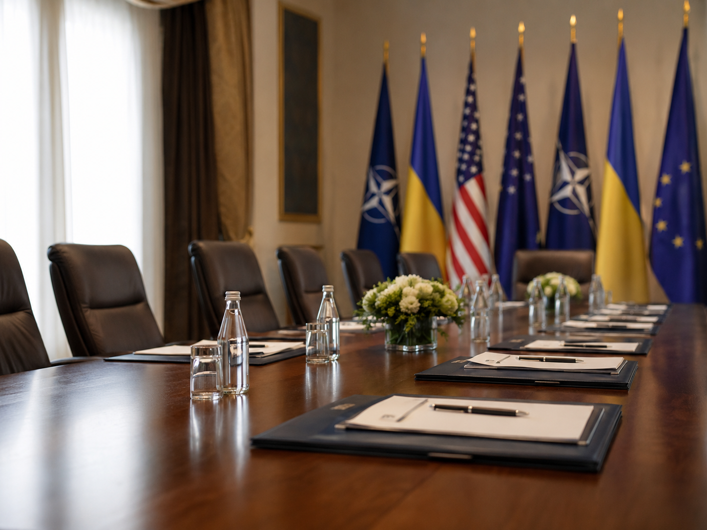 Conference table prepared for an international security meeting with flags in the background.