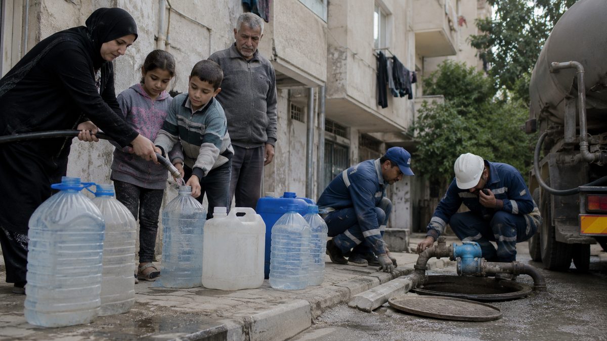 A family fills water containers while workers inspect pipes near an apartment building.