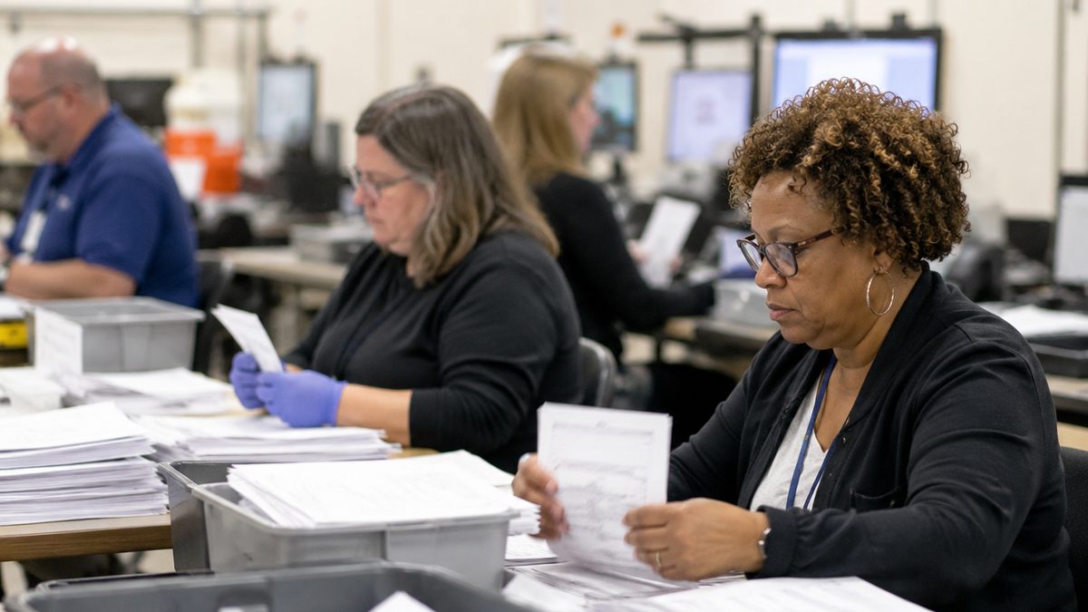 Election workers process ballots in a neutral office setting.