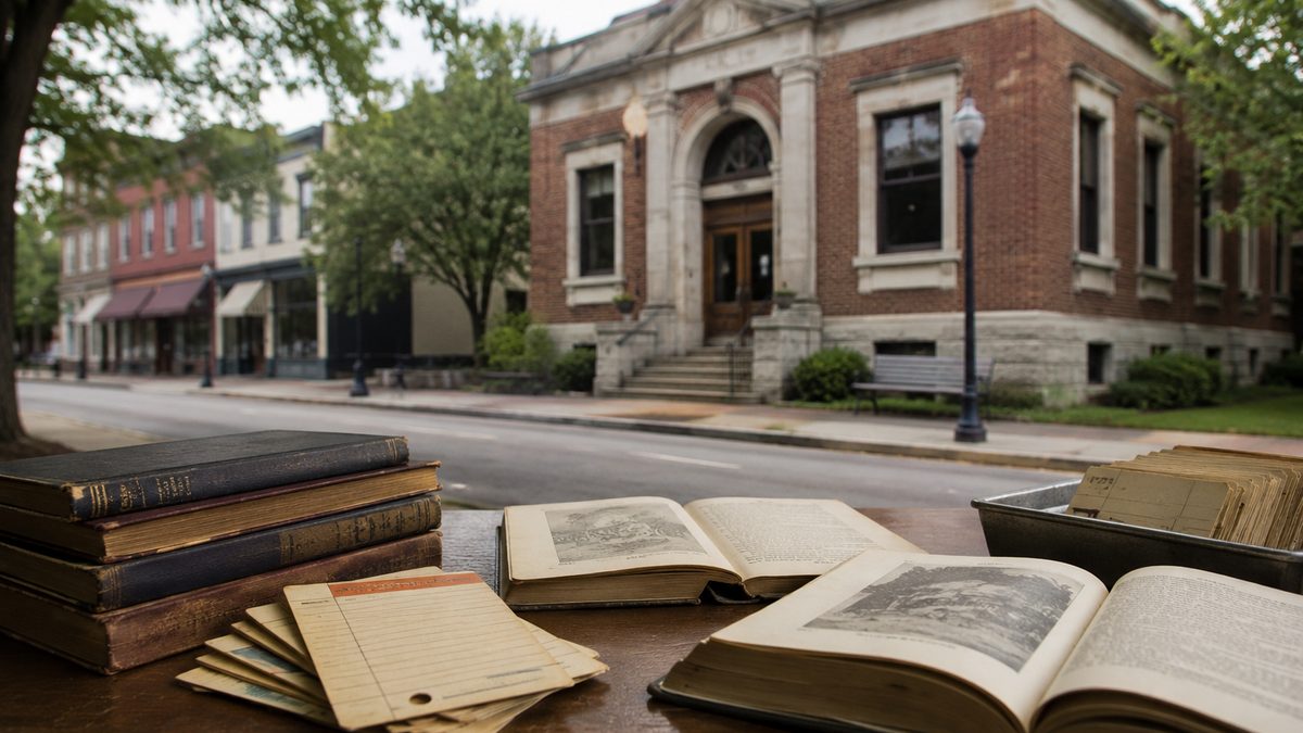 Old brick public library building with library cards and open books in the foreground.