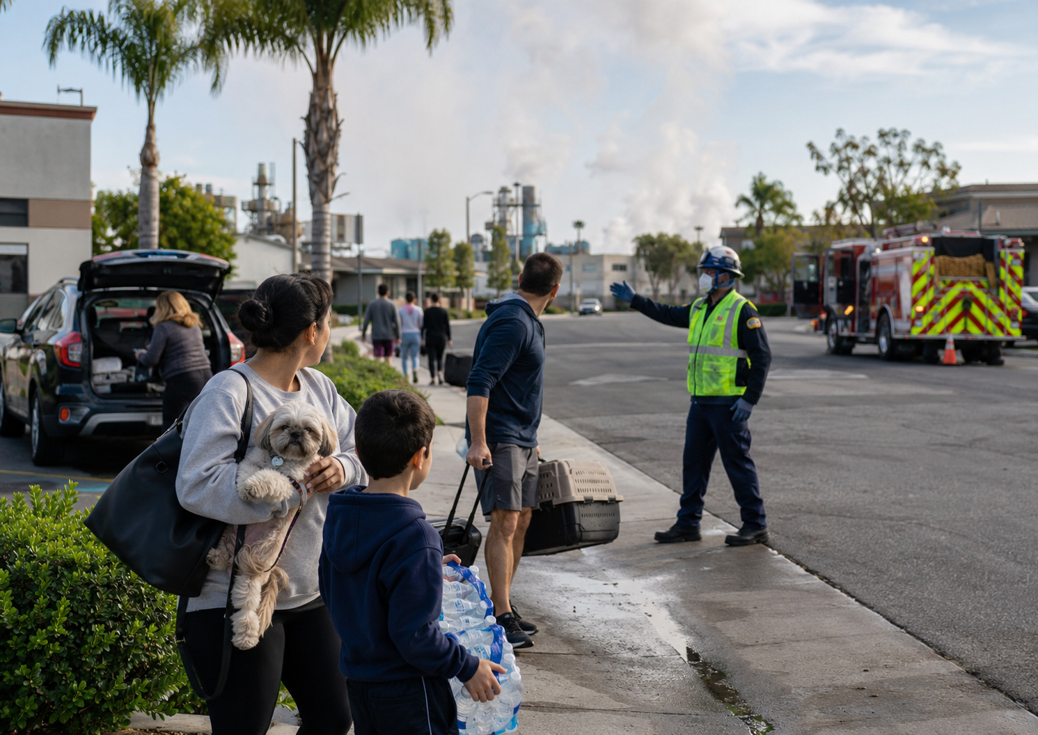 Emergency response vehicles and hazmat crews work near an industrial facility perimeter.