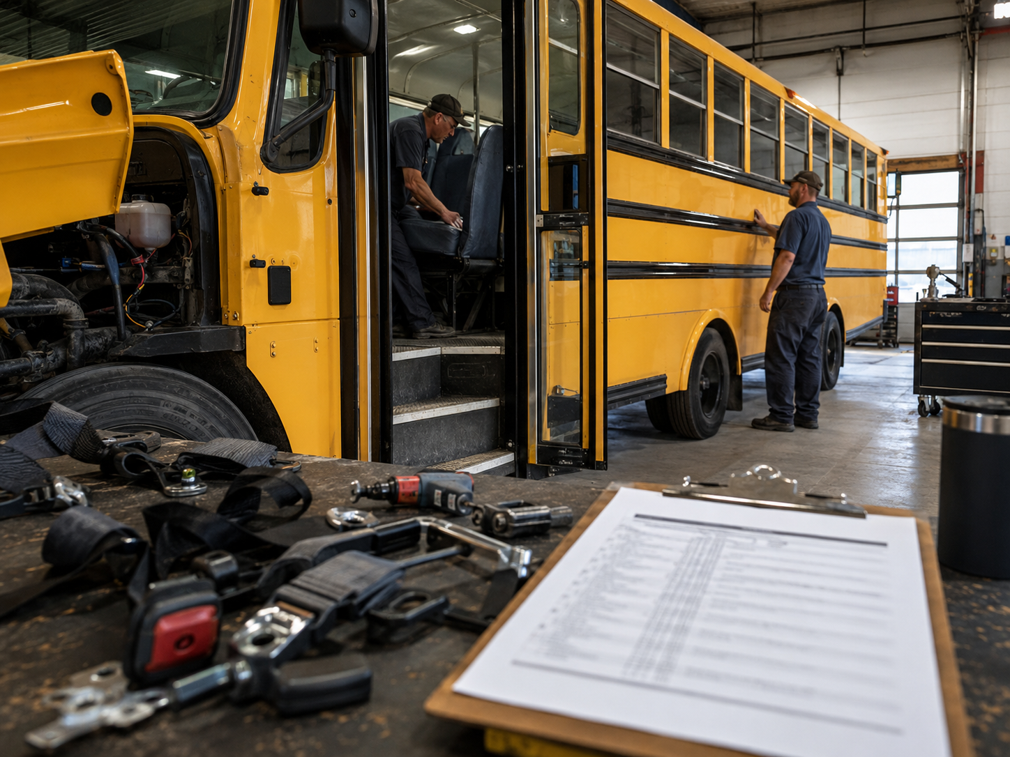 Mechanics inspect a school bus interior near safety checklists.