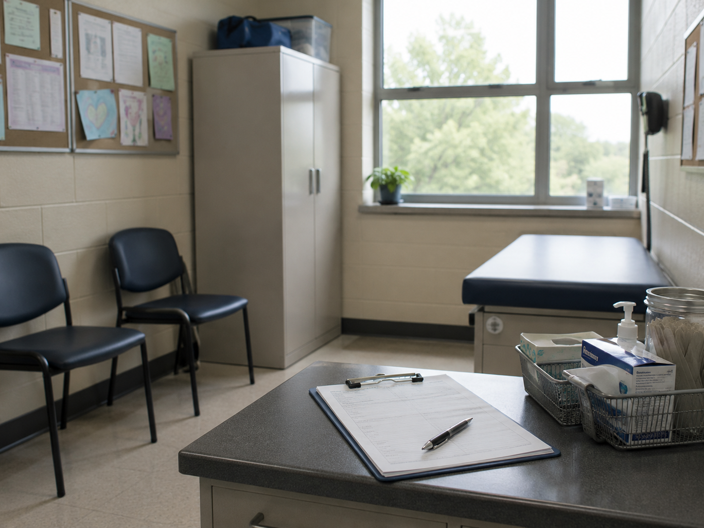 A quiet school nurse's office with health forms and supplies.