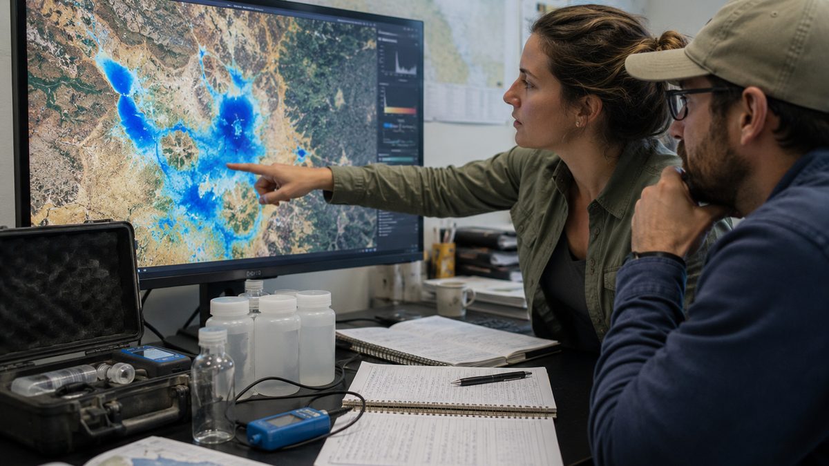 Researchers review satellite groundwater data on a monitor.