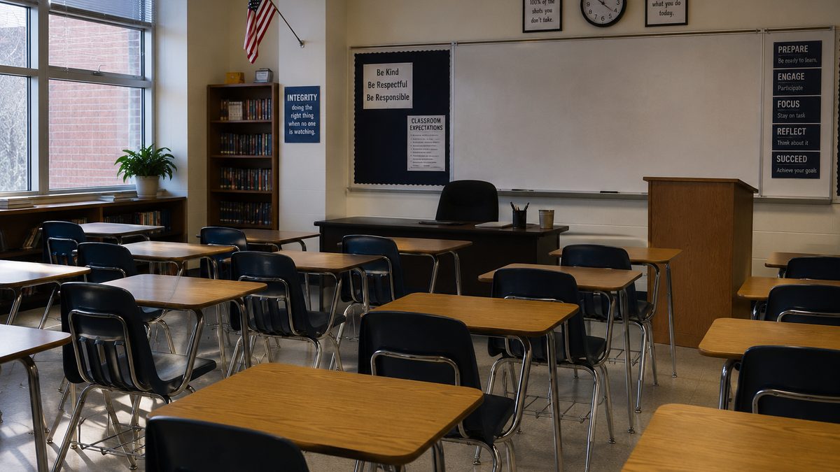 An empty classroom with desks and a teacher's notebook after school.