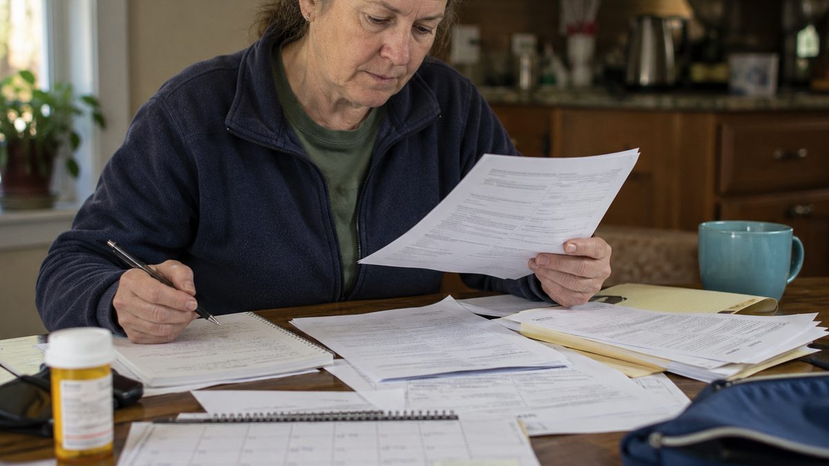 A federal worker reviews disability retirement paperwork and medical notes at a kitchen table.