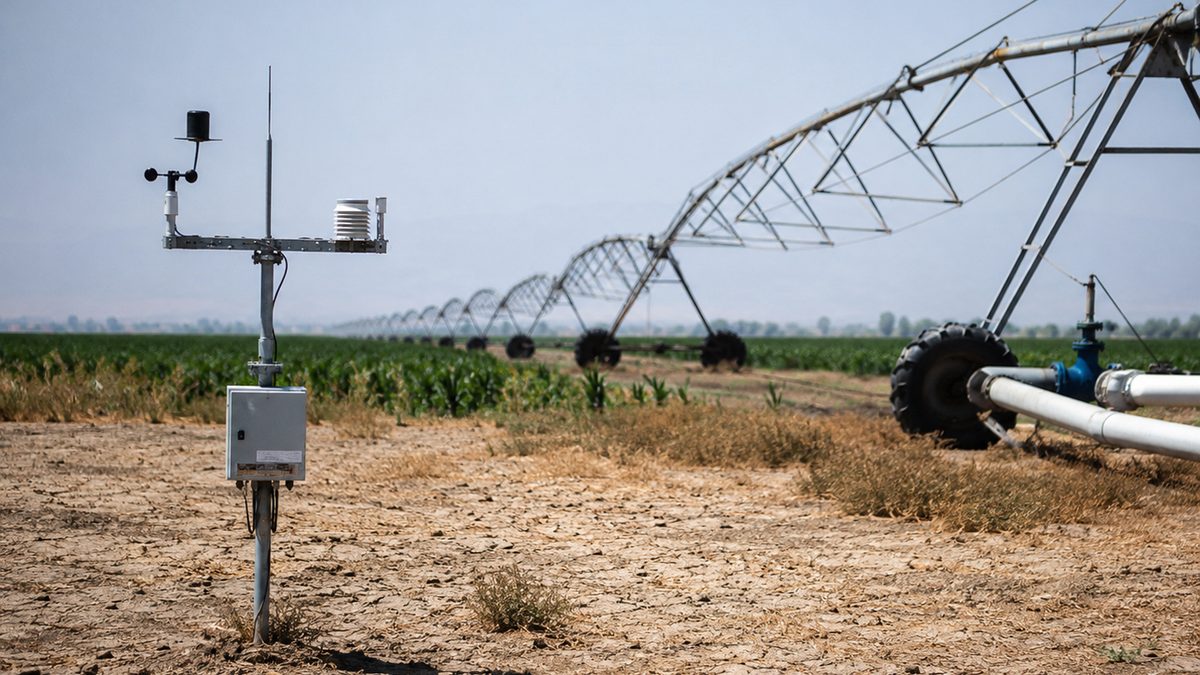 Dry farmland and weather monitoring equipment during hot conditions.