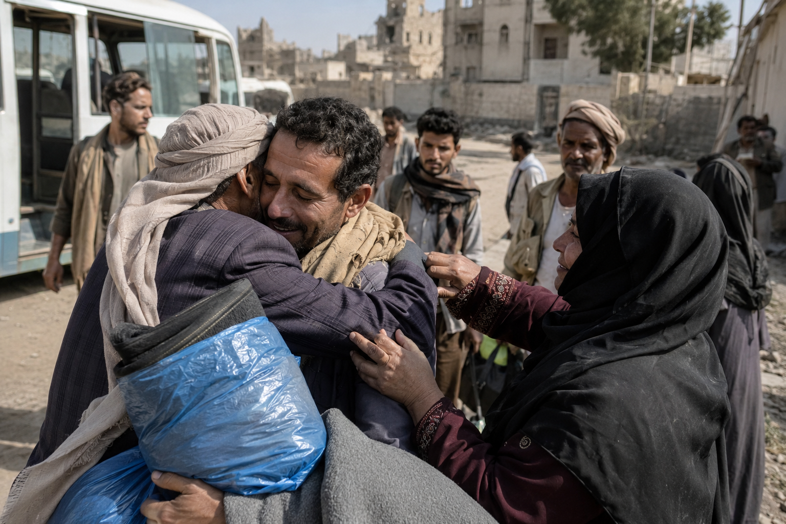 Humanitarian workers stand near buses at a neutral transit area.