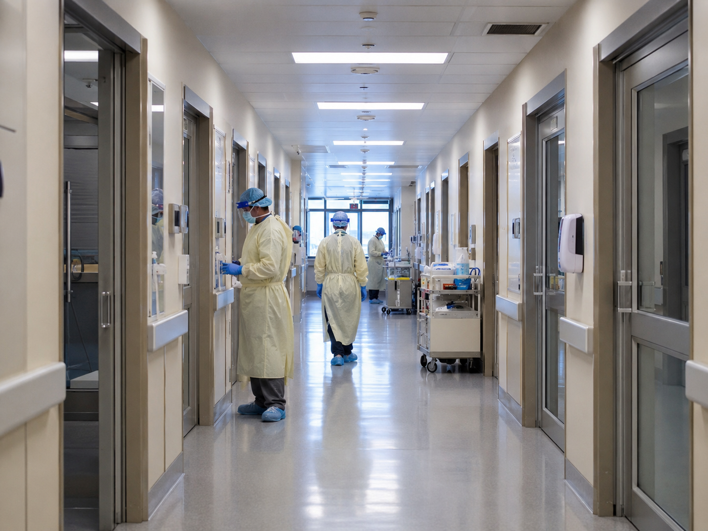 Health workers stand in a hospital hallway near closed quarantine rooms.