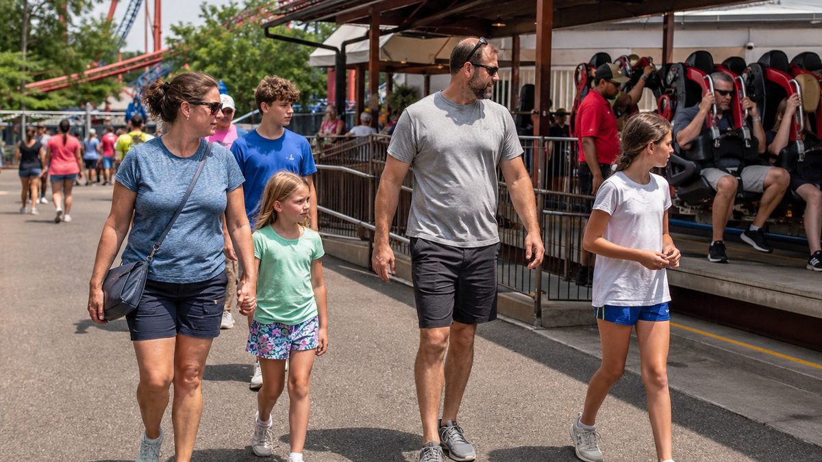 Families walk near a theme park ride entrance during summer.