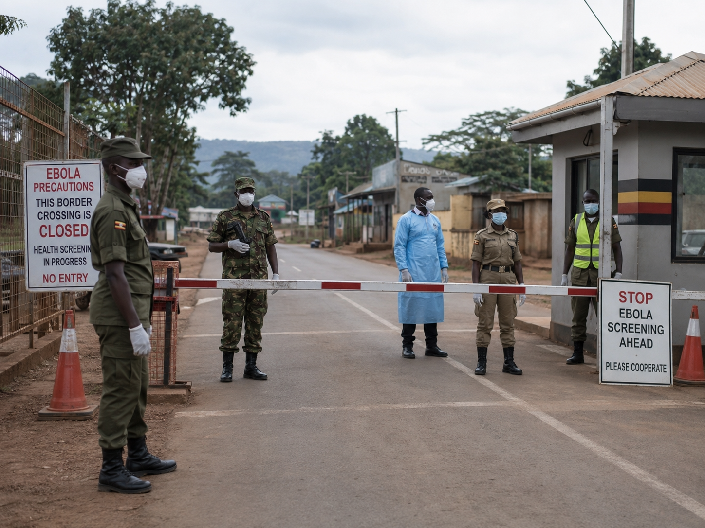 Health workers prepare supplies at a rural clinic during an Ebola response.