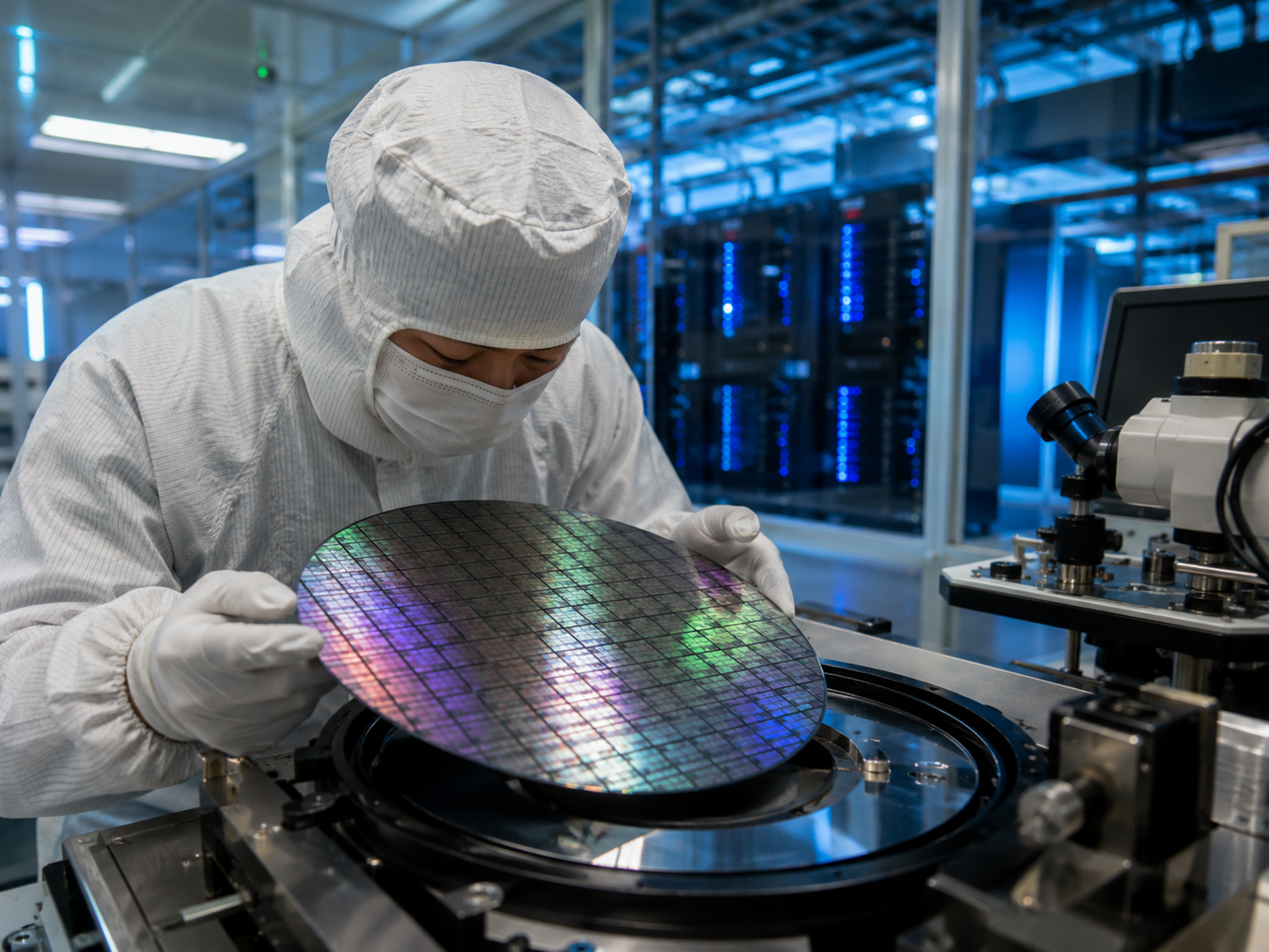 A server processor package and wafer reflection represent advanced AI computing infrastructure.