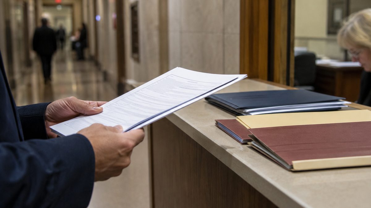 Hands holding paperwork near a courthouse filing counter.
