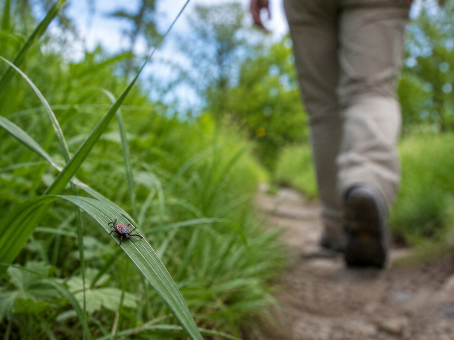 A family checks clothing near a park trail after walking through tall grass.