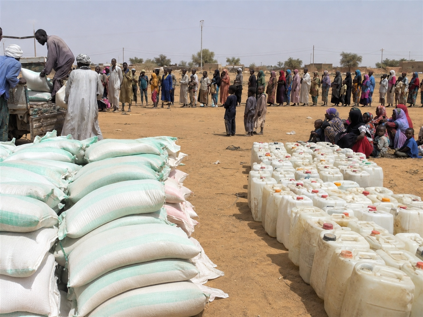 People wait near food and water supplies at an aid distribution point.