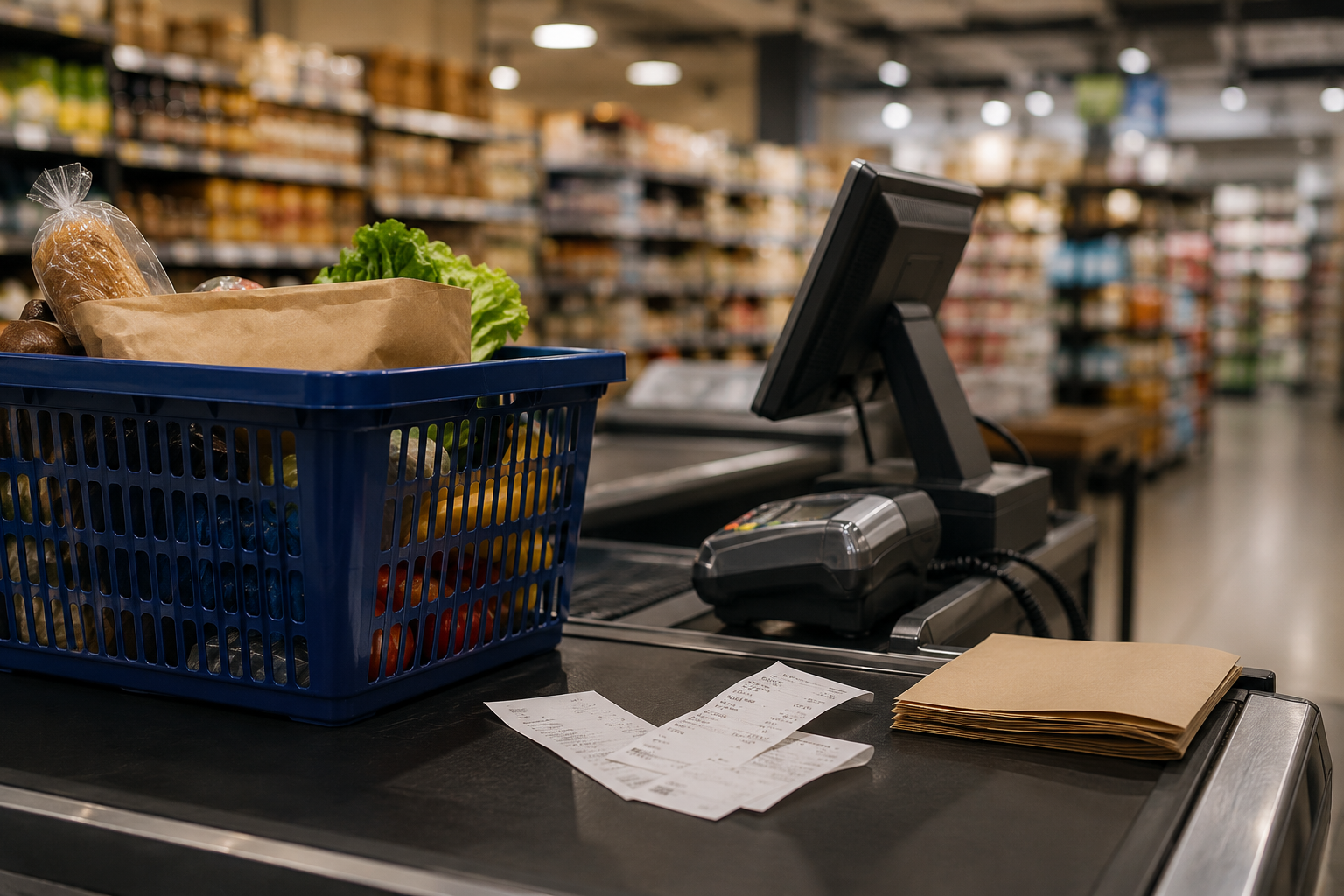 A shopping basket and receipt at a retail checkout counter.