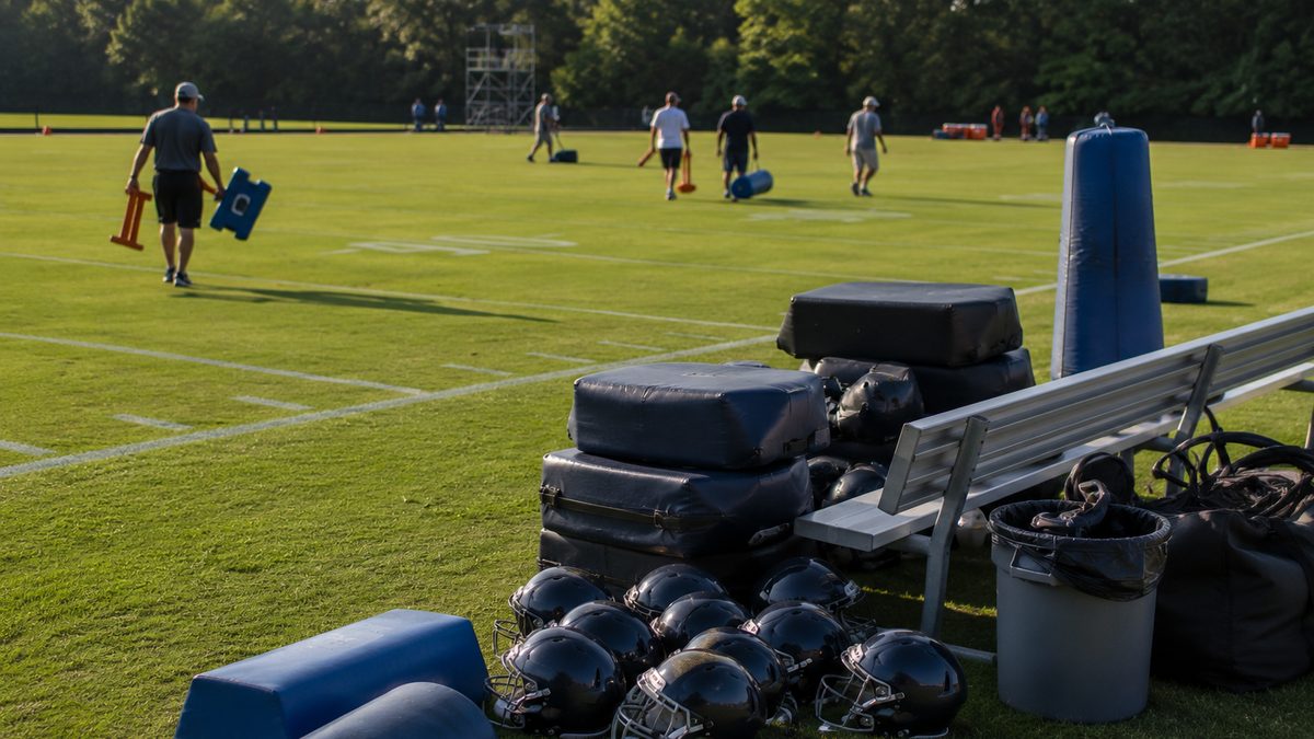 Practice helmets and pads sit near the sideline of an empty football practice field after offseason workouts.