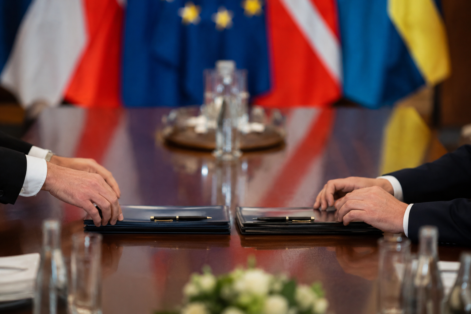 Diplomatic folders on a table after a bilateral agreement signing.