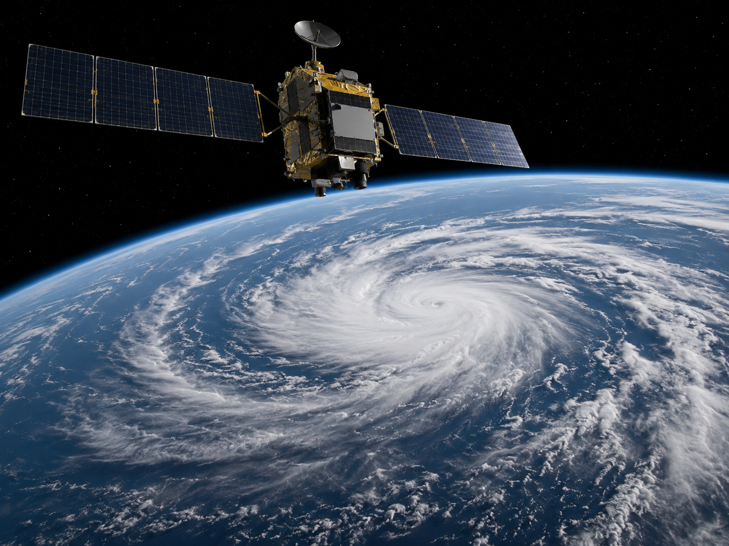 A weather satellite orbits above a storm system on Earth.