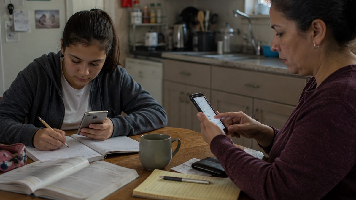 A student uses a phone for schoolwork while an adult reviews a digital payment nearby.