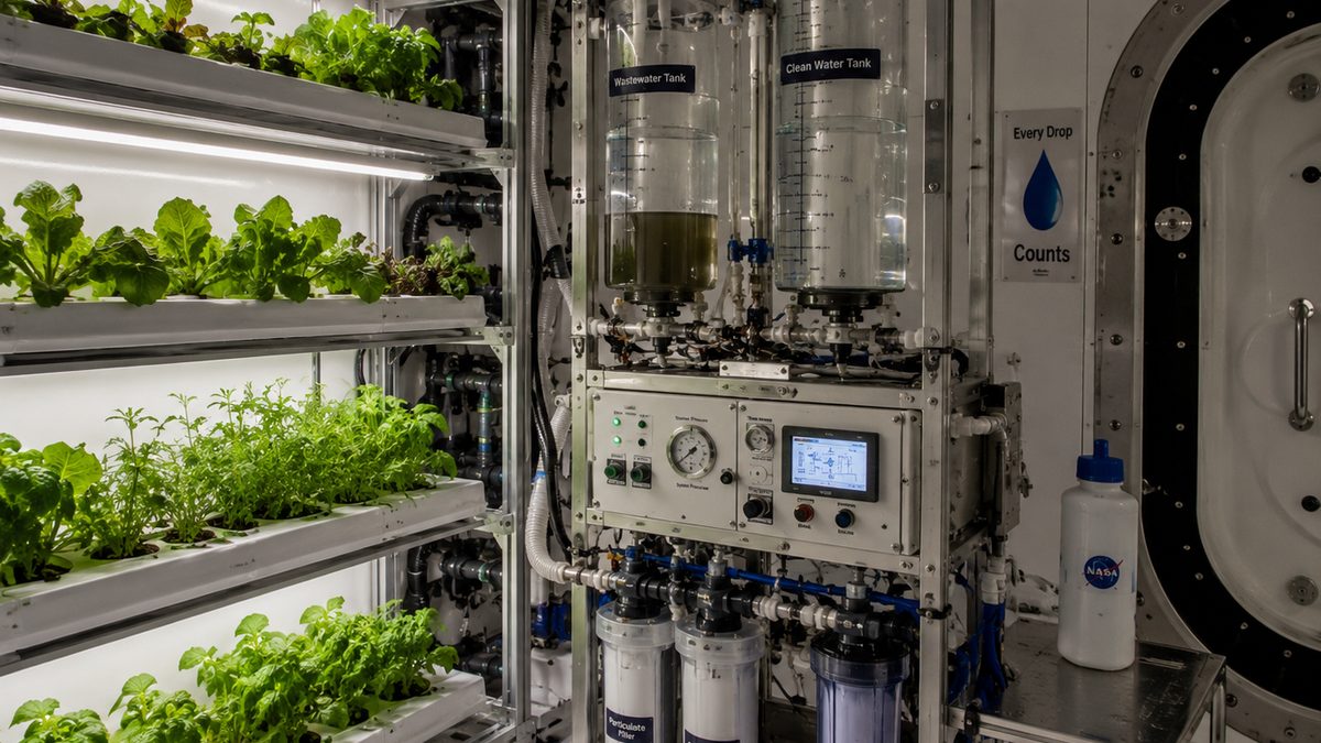 A compact water recycling system and vertical garden inside a clean analog habitat room.