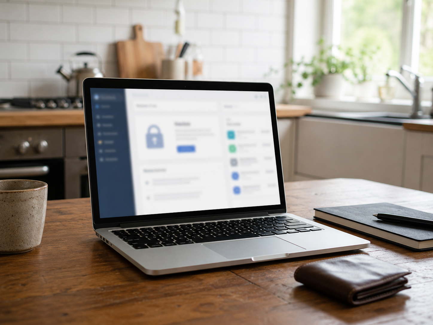 A laptop with a generic account-security screen sits beside a wallet and notebook.