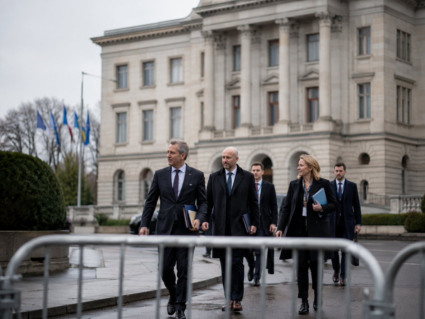 Officials walk outside a diplomatic building during a European security dispute.