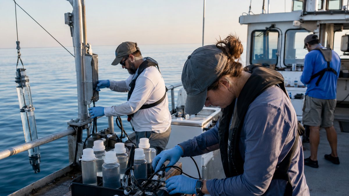 Scientists collect Gulf Coast water samples and check oxygen-monitoring equipment on a research vessel.