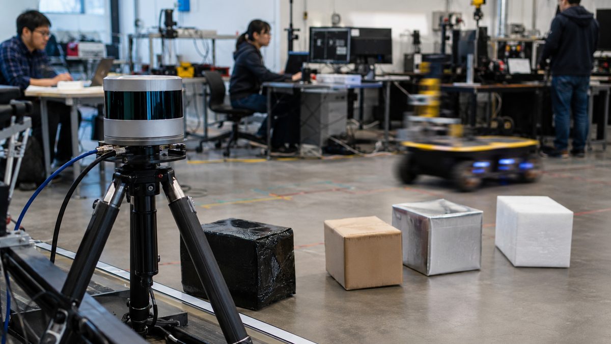 A lidar system scans moving objects with different surface materials in a robotics laboratory.
