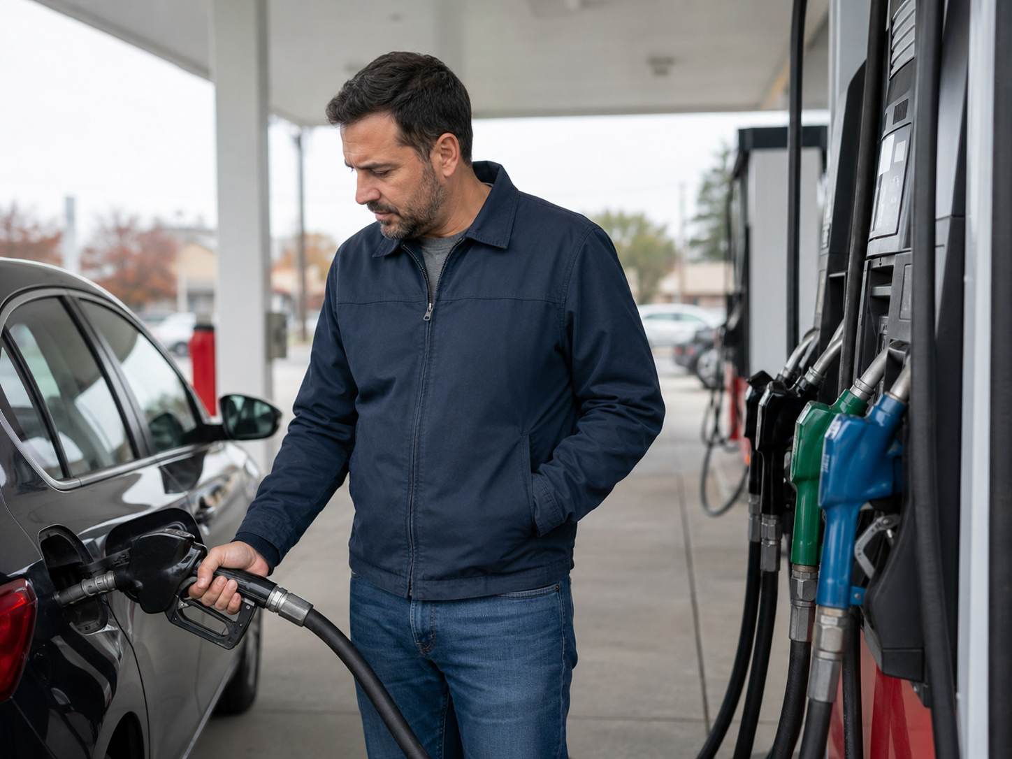 A driver fills a vehicle at a gas station.