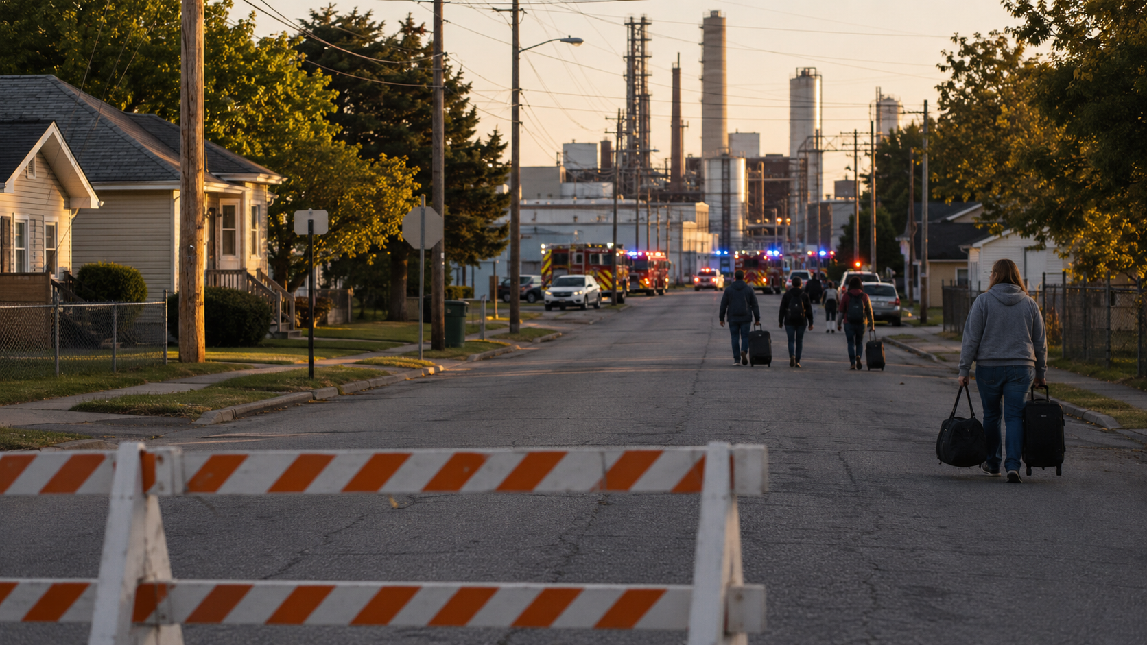 Residents leave a suburban area near an industrial emergency response zone.