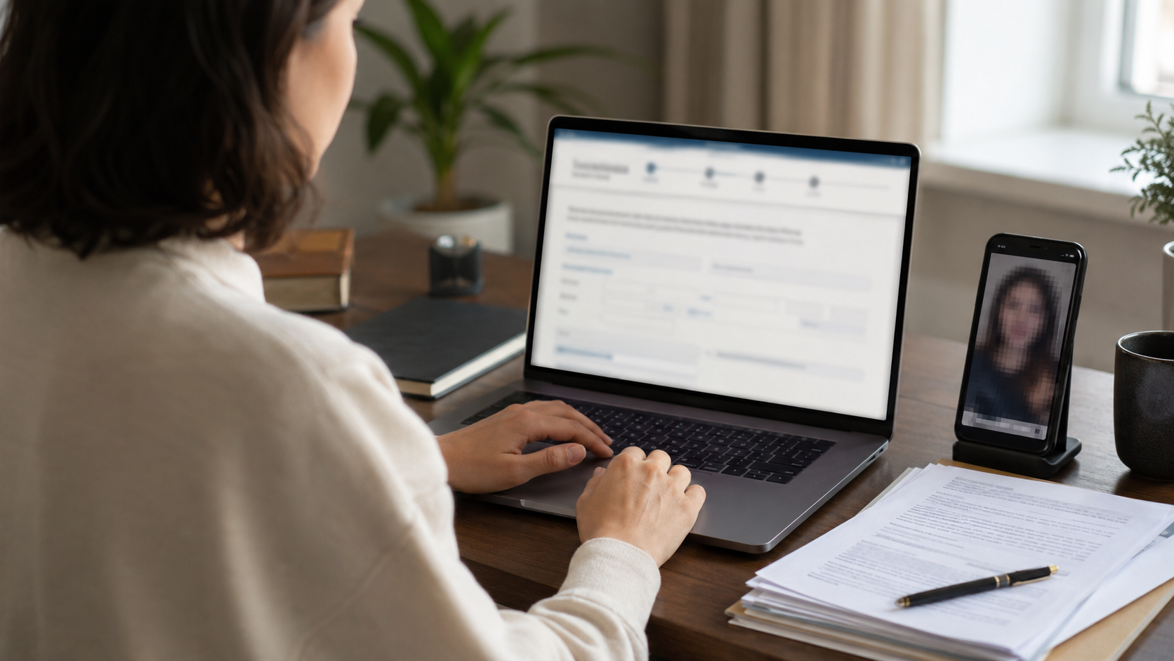 A laptop and phone on a desk with privacy settings blurred on screen.