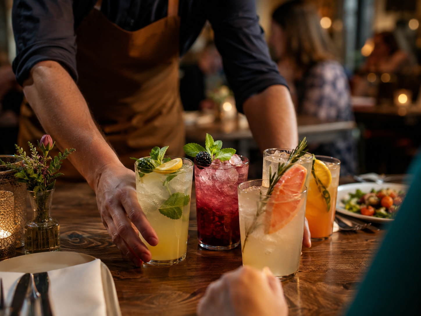 Colorful nonalcoholic drinks with citrus and herbs sit on a restaurant table.
