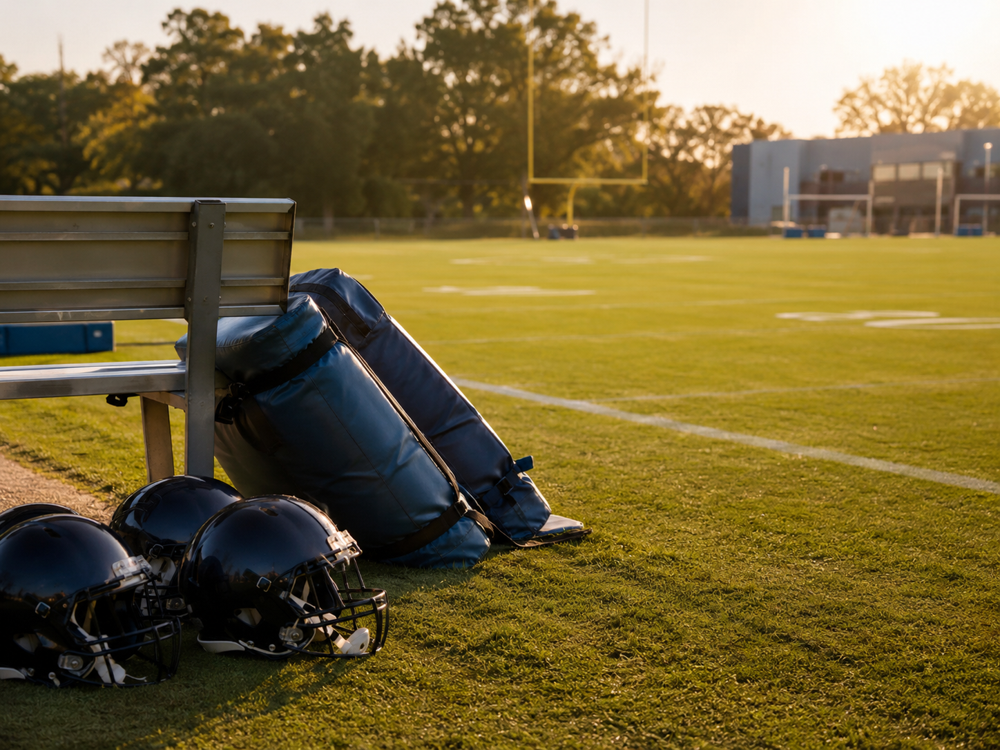 Football practice field with helmets and training equipment near the sideline.