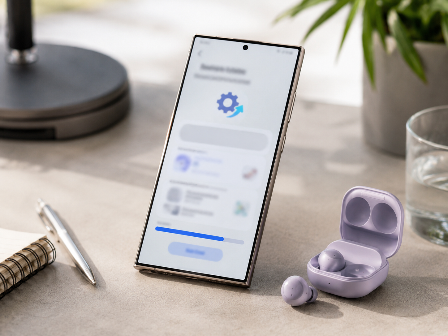 An Android phone on a desk during a software update.