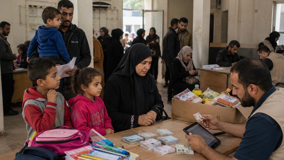 Families wait calmly inside a community aid office with food assistance cards and school materials on a table.