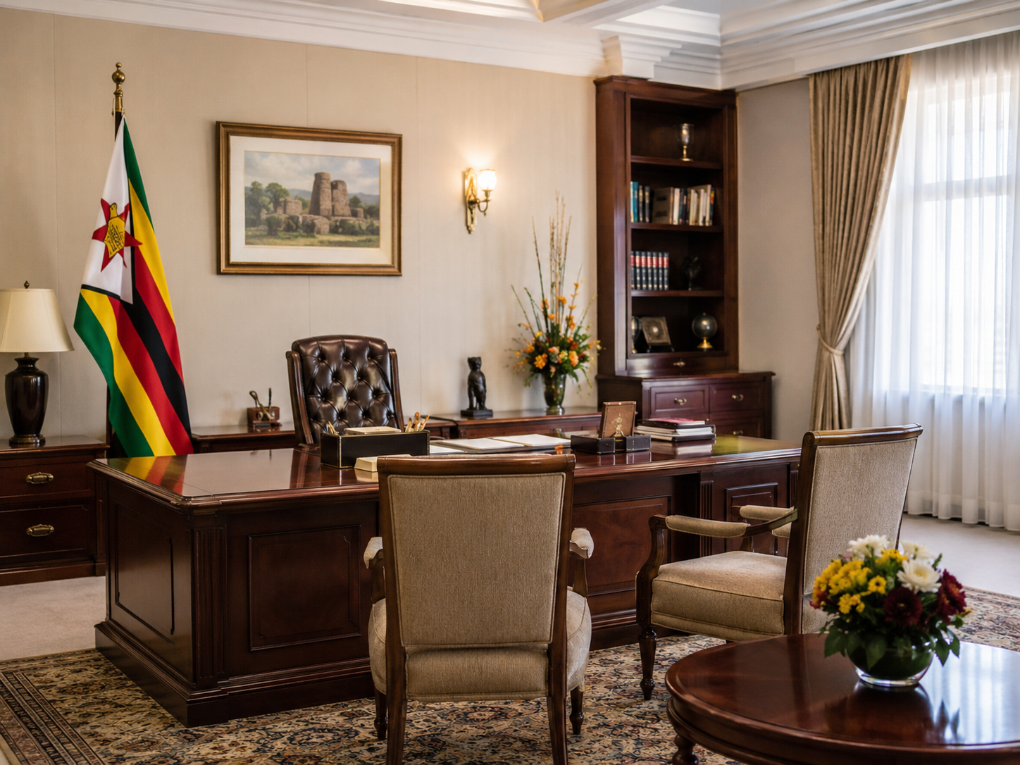 An empty parliamentary chamber with papers arranged on desks.
