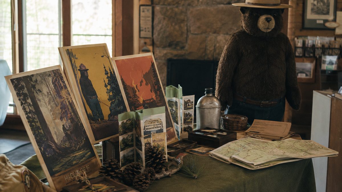 Forest education table with wildfire prevention materials, pinecones, canteen and trail map.