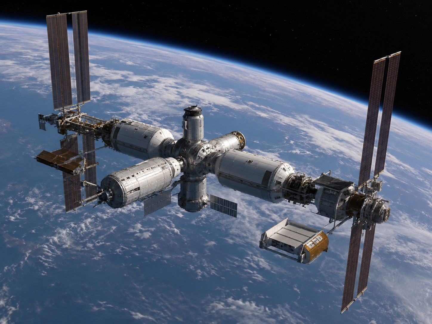 A conceptual space station orbits above Earth.
