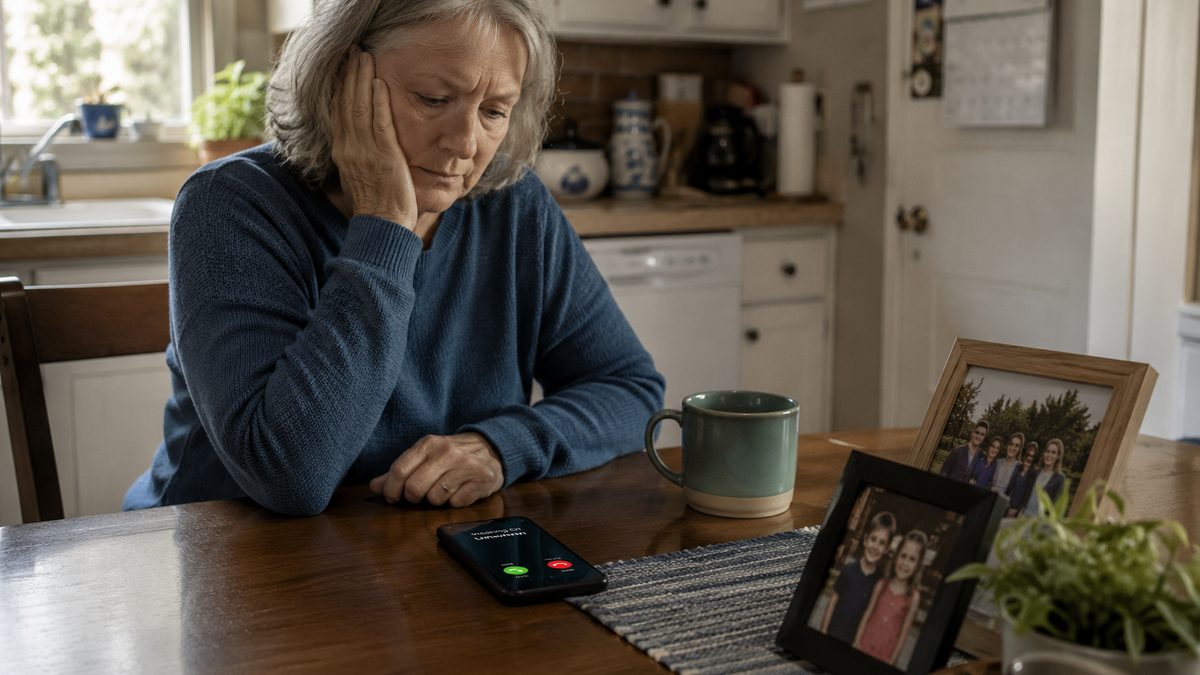 An older adult looks at a ringing phone beside family photos on a kitchen table.
