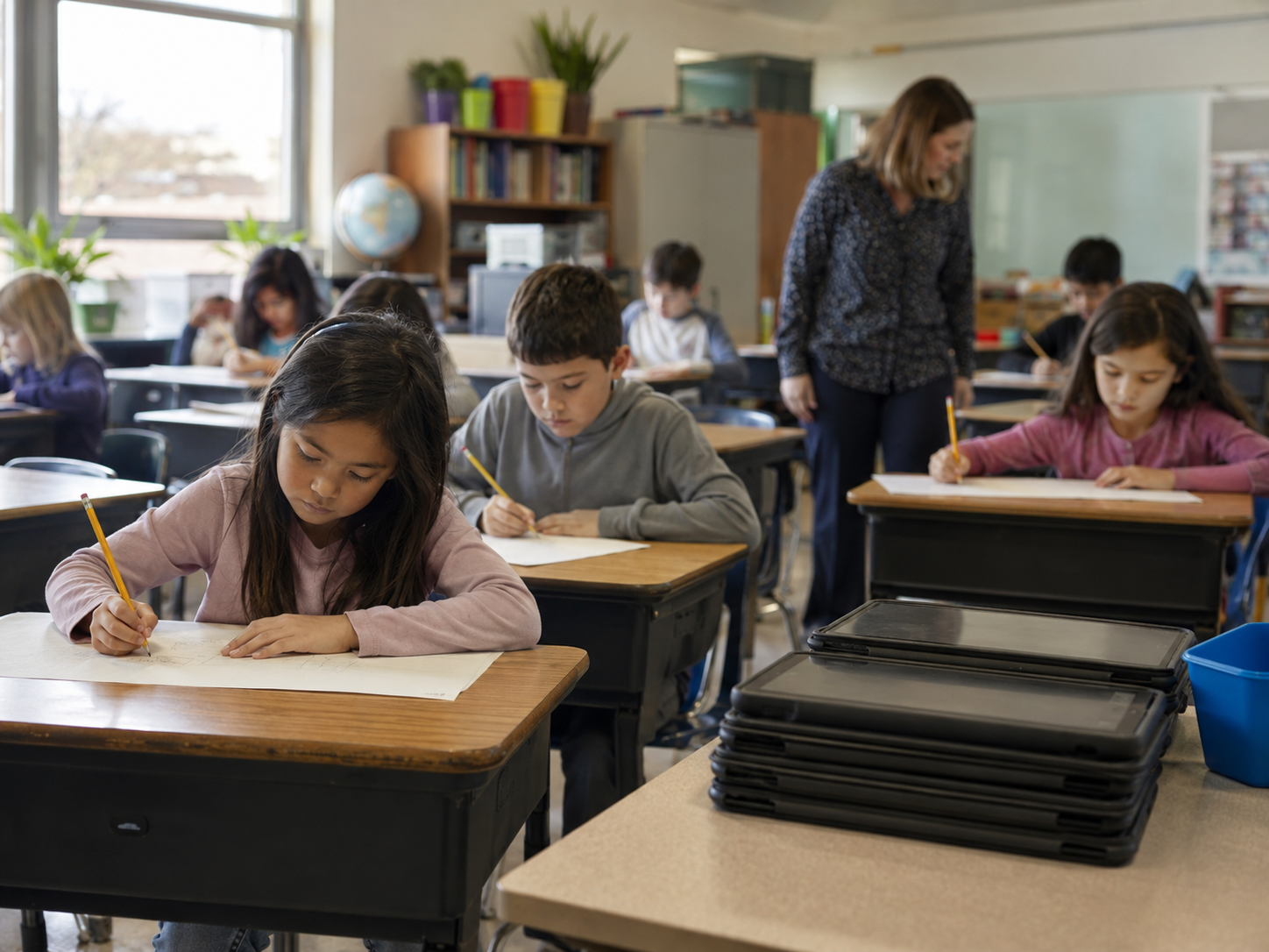 Students working with pencils and paper while classroom tablets sit unused on a side table.