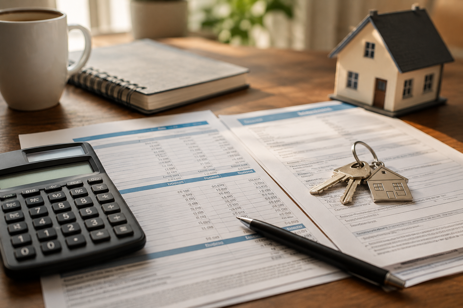 House keys and a household budget worksheet representing mortgage-rate pressure.