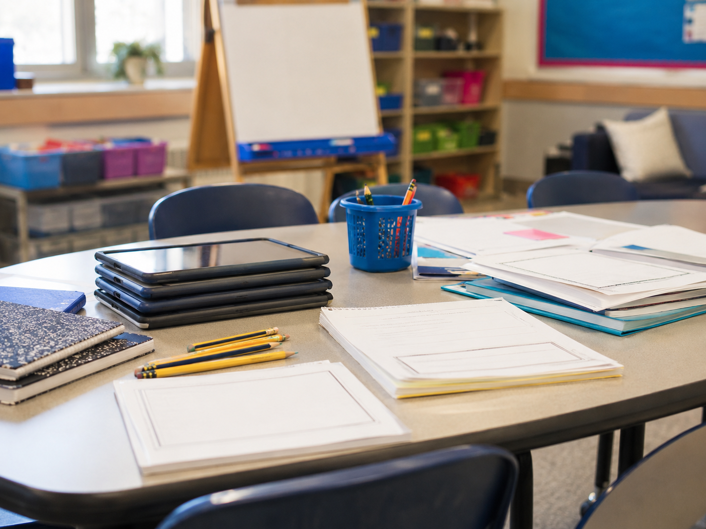 Closed tablets stacked beside pencils and notebooks on a classroom table.