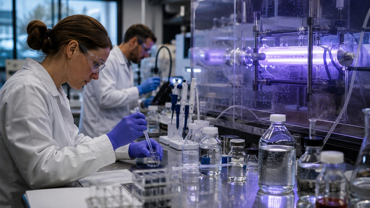 Researchers studying water samples near ultraviolet treatment equipment in a laboratory.