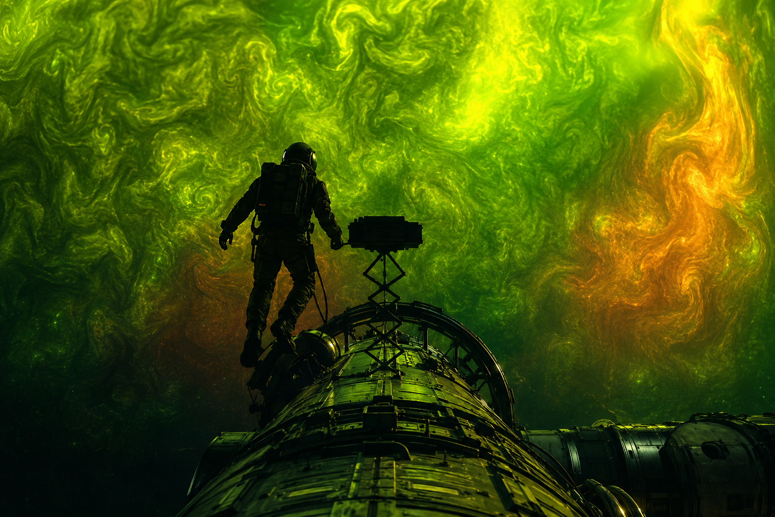 A science fiction book scene with a spacecraft, stars, and research notes representing Project Hail Mary.