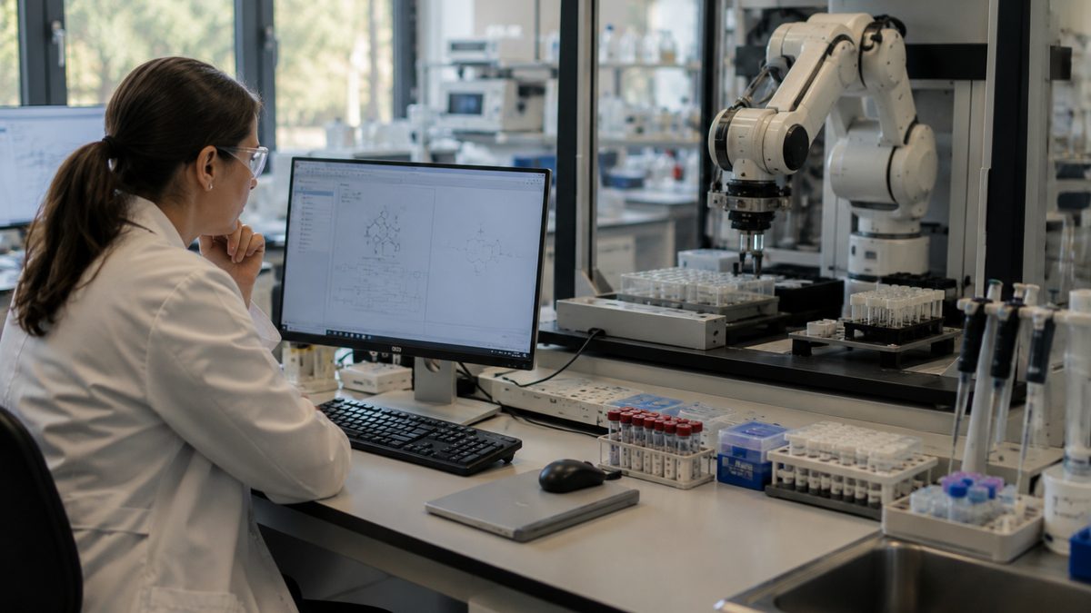 A scientist reviews an experiment plan while an autonomous lab robot prepares samples nearby.