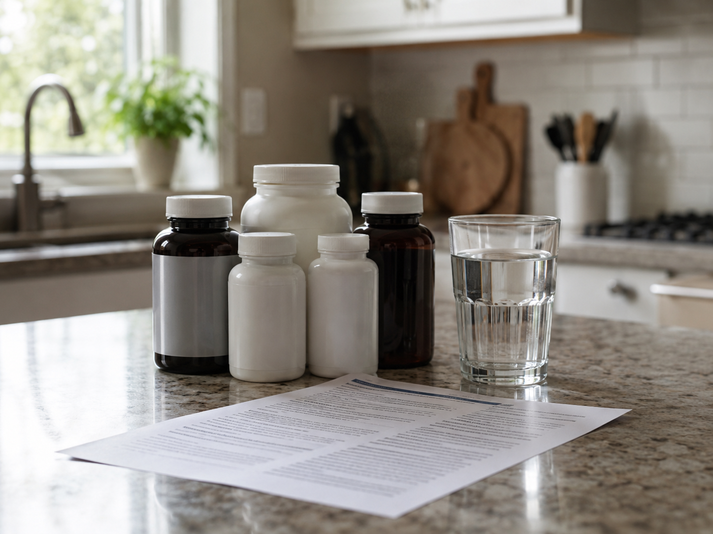 Supplement bottles on a kitchen counter beside a health notice.