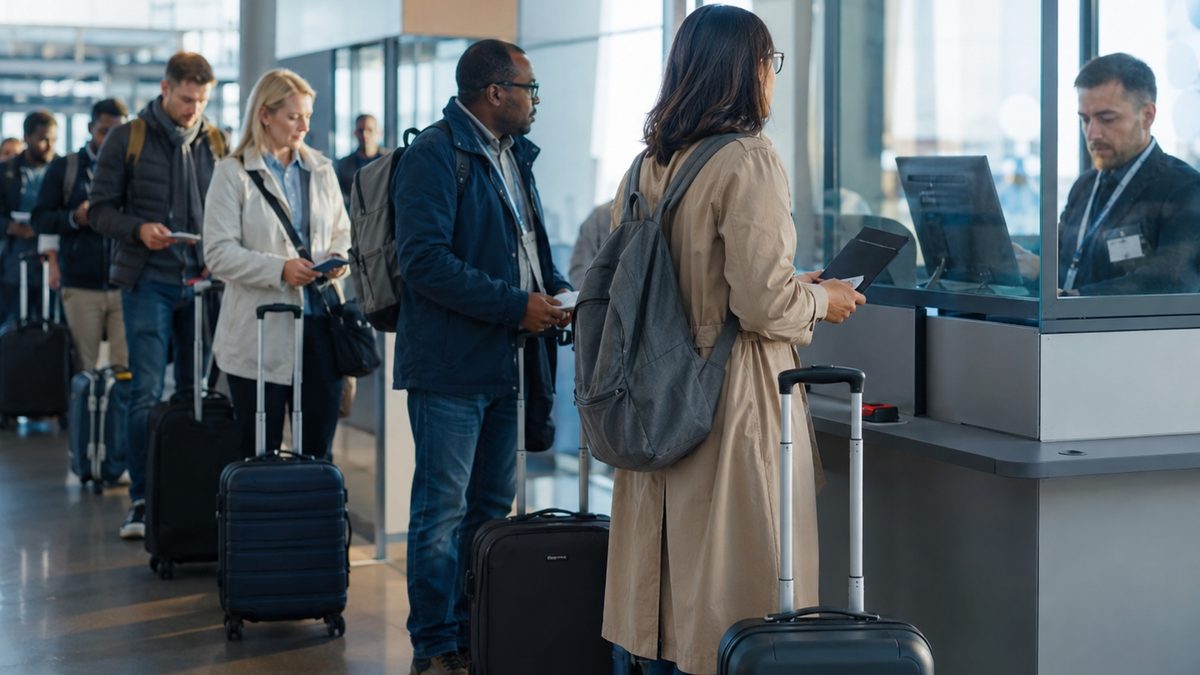 Travelers wait with passports and carry-ons near border-control kiosks at an airport.